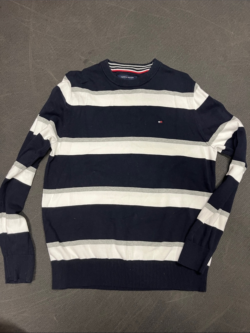 Tommy Hilfiger Navy, White & Gray Striped Crewneck Sweater